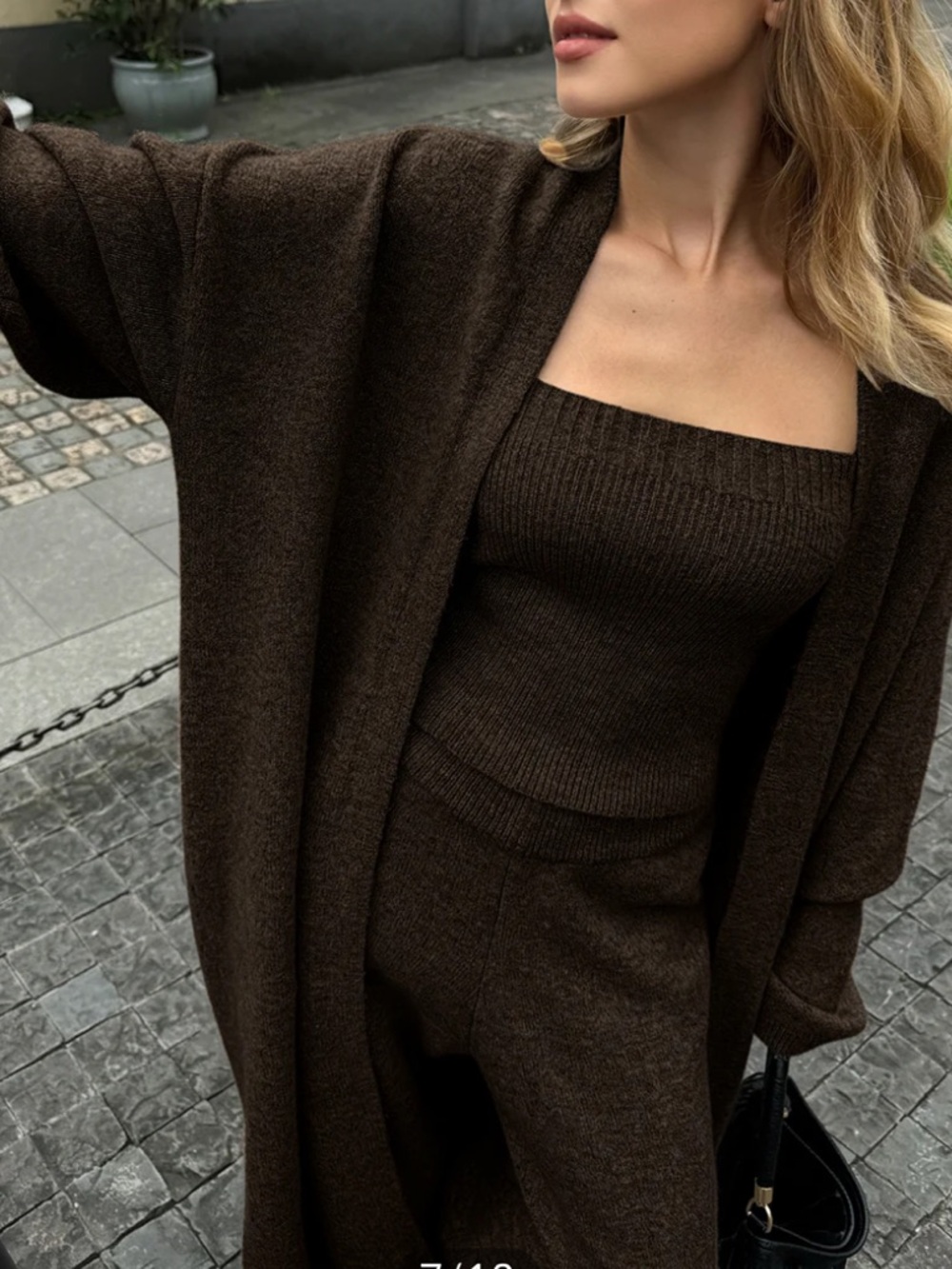 Commense Three-Piece Knit Bustier Cardigan Pants Set! Size M Dark Brown